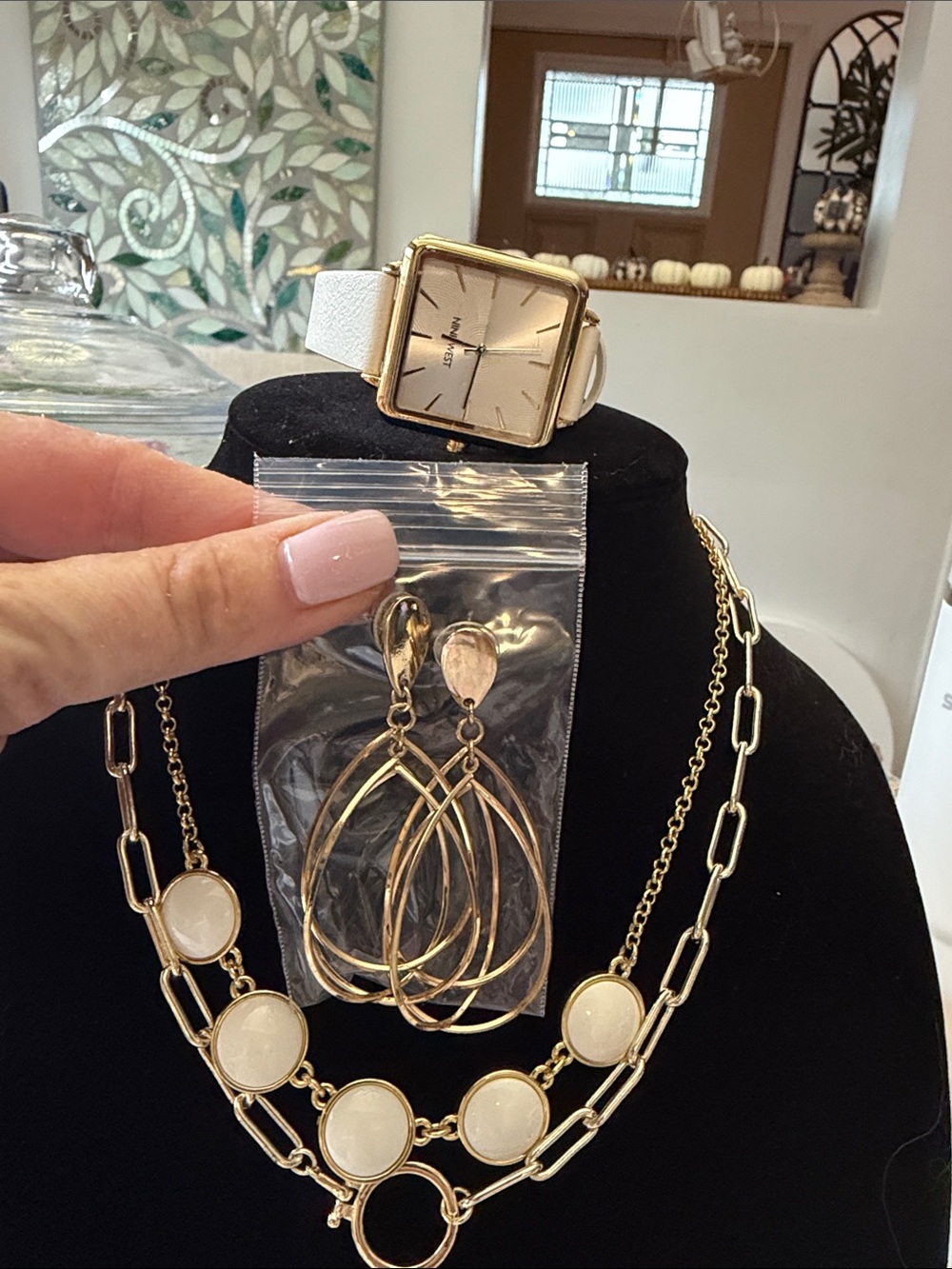 COMBO Gold and Cream Multi-Chain Pendant Necklace layered with earrings, watch